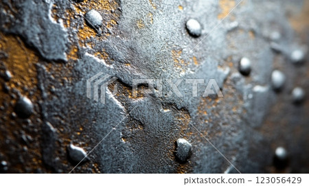 A detailed close-up reveals the unique texture of a metallic surface, featuring rust, raised rivets, and a blend of gray and bronze hues under soft light, creating an artistic feel. 123056429