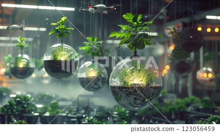 Several plants are suspended inside glass orbs, hanging from the ceiling of a modern, dimly lit room. Several plants are suspended inside glass orbs, hanging from the ceiling of a modern, dimly lit room. 123056459
