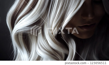 A woman with long, cascading silver hair is captured in soft lighting, highlighting the rich texture and color of her hair. Her relaxed demeanor adds a touch of elegance to the moment. 123056511