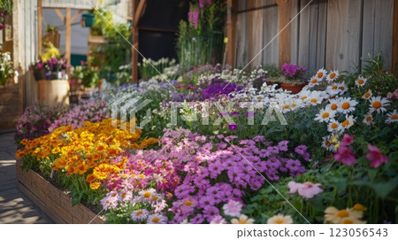 A vibrant array of blooming flowers is on display at a local market, showcasing a variety of colors and types during a sunny spring day. 123056543