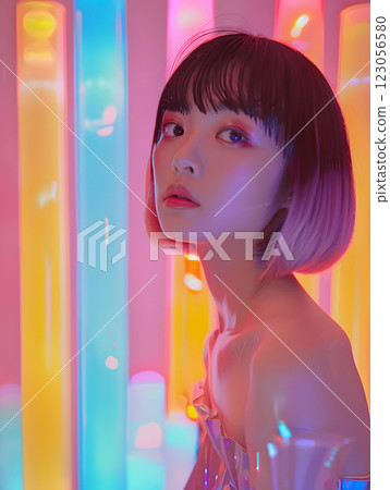 Portrait of an Asian woman surrounded by neon lights 123056580