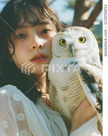 Portrait of an Asian woman with an owl 123056652
