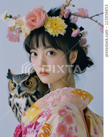 Portrait of an Asian woman with an owl 123056653
