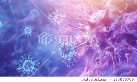 This visual showcases various viruses floating in a colorful, abstract background, highlighting their intricate structures and the complexity of the microscopic world. 123056709