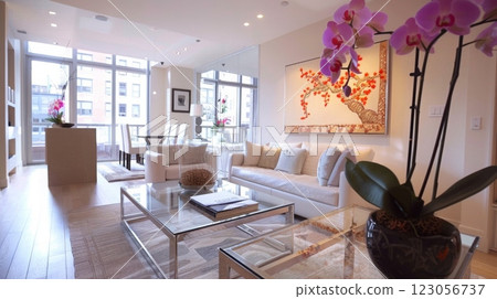 A contemporary living room features a plush sofa, glass coffee table, and a striking orchid centerpiece, bathed in natural light from large windows. 123056737