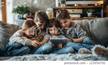 Three young kids sitting together on a sofa, engrossed in a tablet device. Three young kids sitting together on a sofa, engrossed in a tablet device. 123056792