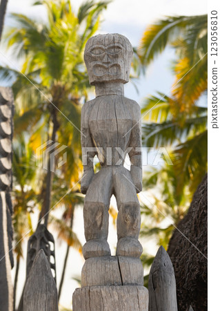 Wooden statue of Hawaiian god in the national historical park. 123056810