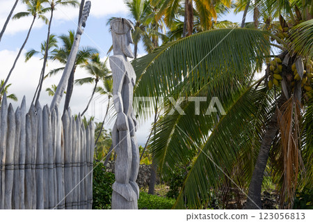 Wooden statue of Hawaiian god in the national historical park. 123056813