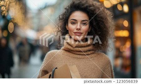 A young black woman in a cozy sweater smiles while holding shopping bags in a bustling city street adorned with holiday lights. The atmosphere captures the festive spirit of winter shopping. A young black woman in a cozy sweater smiles while holding shopping bags in a bustling city street adorned with holiday lights. The atmosphere captures the festive spirit of winter shopping. 123056839