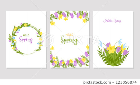 Hello Spring template poster or cards set. Tulips and daffodils. Colorful background with beautiful flowers. Vector illustration for cover design marketing material natural and organic products. Hello Spring template poster or cards set. Tulips and daffodils. Colorful background with beautiful flowers. Vector illustration for cover design marketing material natural and organic products. 123056874