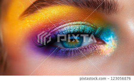 A close-up view showcasing a model's eye adorned with dazzling, colorful makeup featuring shades of yellow, orange, teal, and purple, highlighting artistic beauty. 123056876