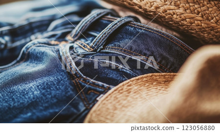 A pair of denim jeans rests beside a woven straw hat, both displaying rich textures under warm natural light. 123056880