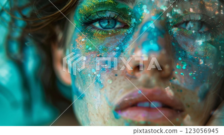 A woman's face with blue eyes is covered in shimmering blue and green glitter makeup. Her lips are slightly parted, and she has a look of wonder on her face. A woman's face with blue eyes is covered in shimmering blue and green glitter makeup. Her lips are slightly parted, and she has a look of wonder on her face. 123056945