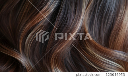 Richly textured hair displays luscious waves with a blend of caramel and chestnut highlights. The warm tones flow seamlessly, highlighting the beauty of natural waves in exquisite detail. 123056953