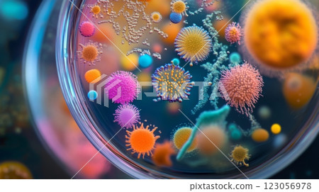 A vibrant display of various microorganisms is captured in a petri dish, showcasing their diverse shapes and colors against a dark background, illustrating life at a microscopic level. 123056978