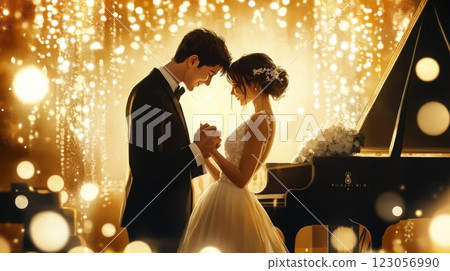 A couple shares an intimate dance, hands clasped, illuminated by golden lights, with a grand piano in the background. A couple shares an intimate dance, hands clasped, illuminated by golden lights, with a grand piano in the background. 123056990