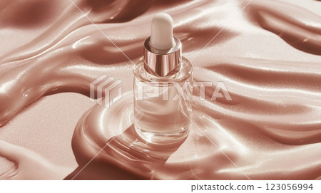 A glass serum bottle with a dropper sits gracefully on a reflective, silky surface, illuminated by soft, warm light, creating an inviting and luxurious ambiance that highlights its contents. 123056994