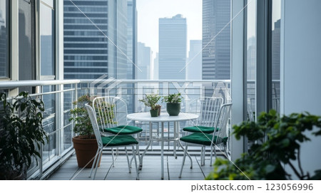 A cozy balcony features a round table surrounded by four chairs, adorned with various potted plants. The background showcases a hazy city skyline, hinting at early morning quietness and serenity. A cozy balcony features a round table surrounded by four chairs, adorned with various potted plants. The background showcases a hazy city skyline, hinting at early morning quietness and serenity. 123056996