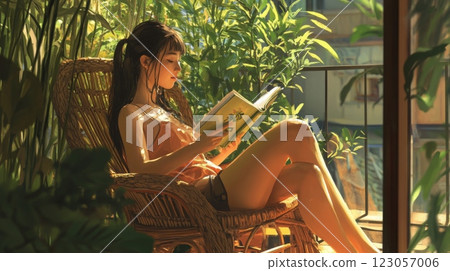 A young woman sits comfortably in a wicker chair, engrossed in a book. Sunlight filters through vibrant green plants, creating a serene atmosphere perfect for reading and unwinding. 123057006