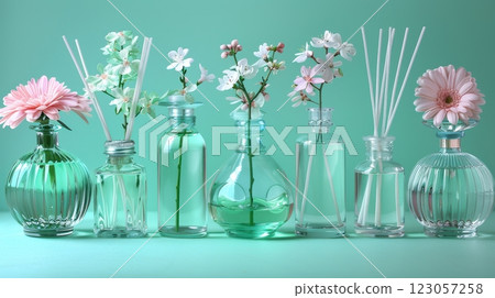 small flowers and decorative leaves on a green background 123057258