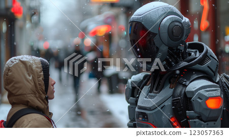 futuristic robot with glowing red eyes 123057363