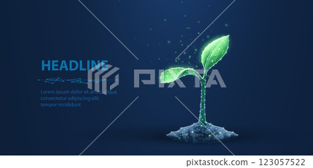 3D Plant on blue background. Sprout Growth, Future Technology, Grow Bio. 3D Plant on blue background. Sprout Growth, Future Technology, Grow Bio. 123057522