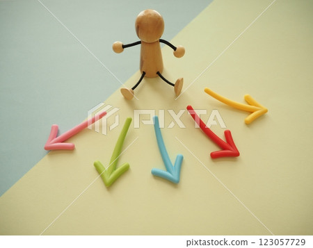 A doll and many arrows, a path forward, a fork in the road 123057729