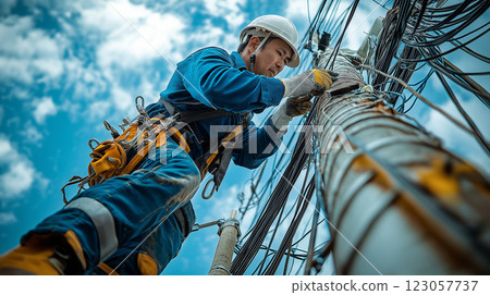 A worker who works on electric wires 123057737
