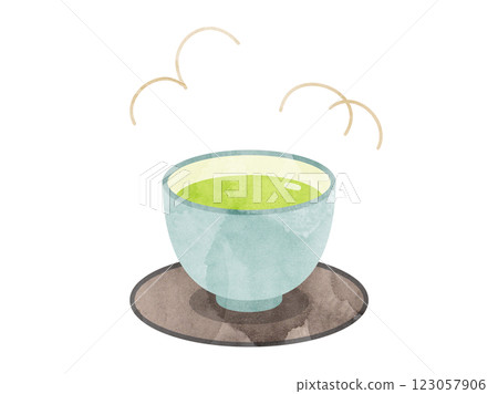 Illustration of a teacup with tea in it and a tea tray, watercolor version 123057906