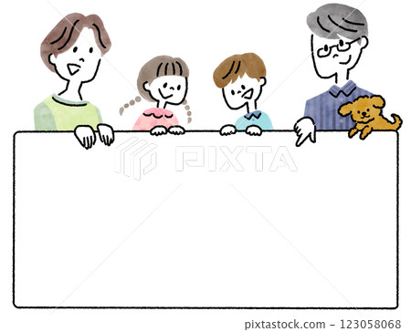 Hand drawn illustration of a family of four with a dog holding a flipboard Hand drawn illustration of a family of four with a dog holding a flipboard 123058068
