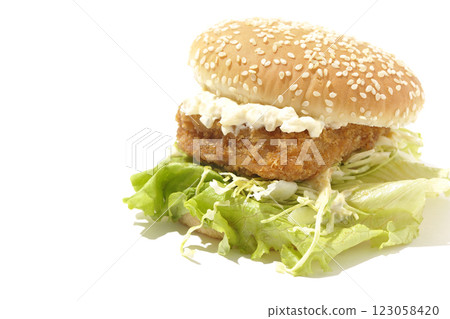 白色背景下拍攝的韃靼魚漢堡 123058420