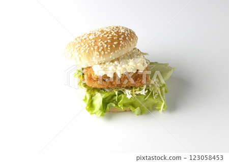 Tartar fish burger photographed on white background 123058453
