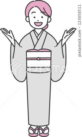一名身穿和服的年輕女子微笑著張開雙臂的插圖 123058511