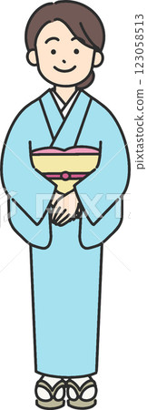 一位穿著和服、微笑的年輕女子的插圖 123058513