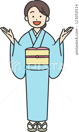 一名身穿和服的年輕女子微笑著張開雙臂的插圖 123058514