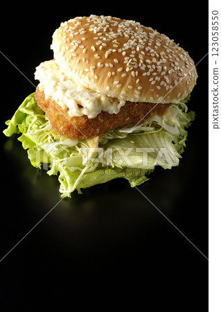 Tartar fish burger photographed against a black background 123058550