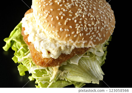 Tartar fish burger photographed against a black background 123058566