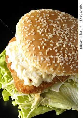 Tartar fish burger photographed against a black background 123058569