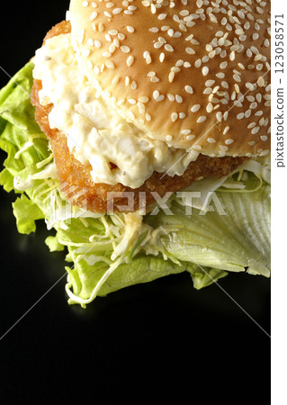黑色背景下拍攝的韃靼魚漢堡 黑色背景下拍攝的韃靼魚漢堡 123058571