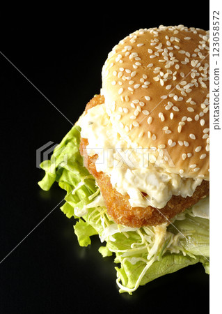 Tartar fish burger photographed against a black background Tartar fish burger photographed against a black background 123058572
