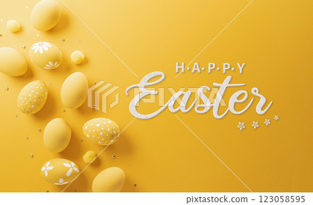 Happy easter! Colourful Easter eggs on yellow background. Decoration concept for greetings and presents on Easter Day celebrate time. 123058595