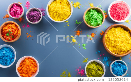 Happy Holi decoration, the indian festival.Top view of colorful holi powder on dark blue background. 123058614