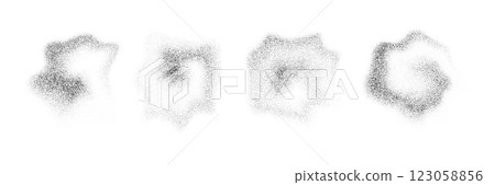 Fluid stippled gradient drop shapes. Grainy spray spots and stains. Black dotted liquid object set. Noise splashes and splatters forms. Dissolve sand dust texture. Vector fading halfton elements 123058856