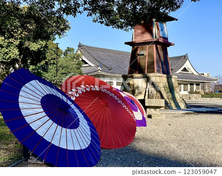 藍天與色彩繽紛的蛇目傘點綴的岡崎城二之丸地區風景(岡崎城公園/愛知縣岡崎市) 藍天與色彩繽紛的蛇目傘點綴的岡崎城二之丸地區風景(岡崎城公園/愛知縣岡崎市) 123059047