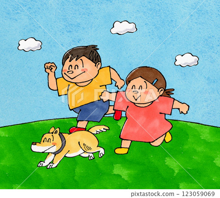 Running child and dog (blue sky, clouds) 123059069