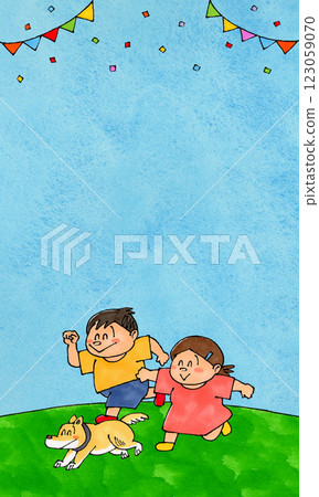 Running child and dog copy space (blue sky) Running child and dog copy space (blue sky) 123059070