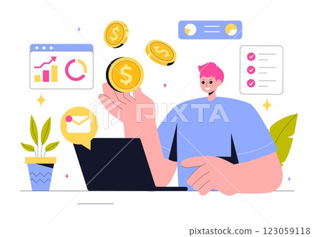 Freelancing and Gig Economy Vector Illustration featuring Finance, Freelance Contracts, Temporary Employment, Business Success, and Bar Charts Freelancing and Gig Economy Vector Illustration featuring Finance, Freelance Contracts, Temporary Employment, Business Success, and Bar Charts 123059118