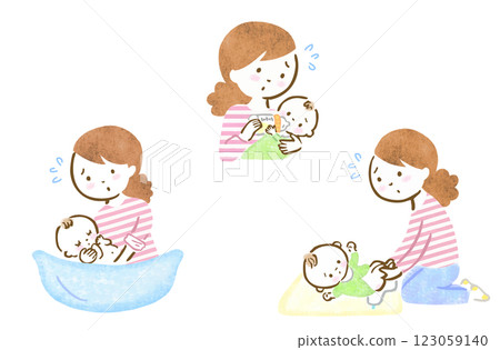 Hand-drawn illustration set of a mother taking care of her baby while feeling panicked or anxious 123059140