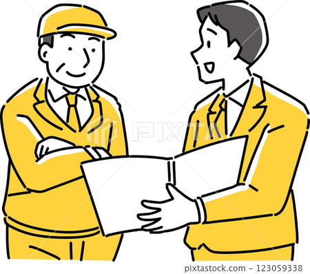 銷售員向工人展示手冊 123059338