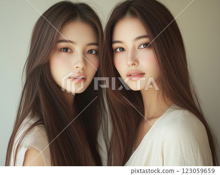 兩位年輕美麗的亞洲女性並肩站著。頭髮護理和時尚攝影。 123059659